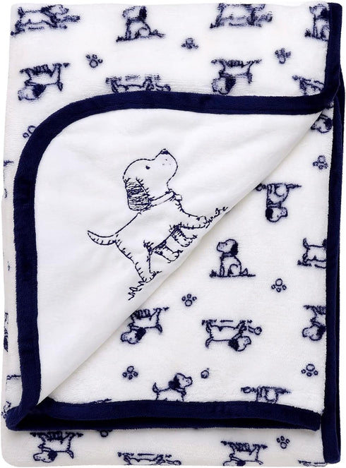 2-Ply Reversible Luxury Baby Blanket with Puppy Embroidery, Blue and White Little Me Puppy Toile Print (30 inch x 40 inch)...