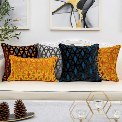 Alerfa 12 x 20 Inch Rectangle Diamond Plaid Striped Embroidery Cut Velvet Cushion Case Luxury Modern Lumbar Throw Pillow Cover Decorative Pillow f...