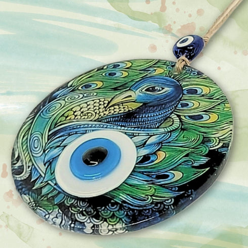 Fusion Peacock Design 4.7" Glass Evil Eye Wall Hanging Decor, Handmade, Home Protection, Good Luck Charm - Greek, Turkish Decor, Ojo Turco, Nazar ...