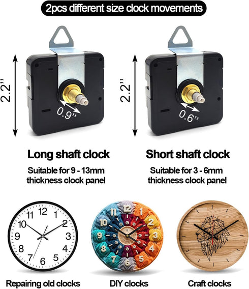 2pcs Silent Quartz Clock Movement Long and Short Shaft with 5 Sets Hands, DIY Wall Clock Mechanism Battery Powered Motor Replacement Repair Clock ...
