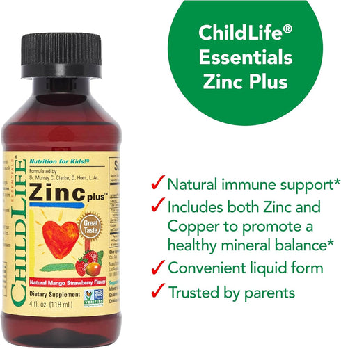 CHILDLIFE ESSENTIALS Liquid Zinc Plus for Kids & Toddler - Liquid Supplement Drops, Zinc Gluconate & Copper for Immune Support - Mango Strawberry,...