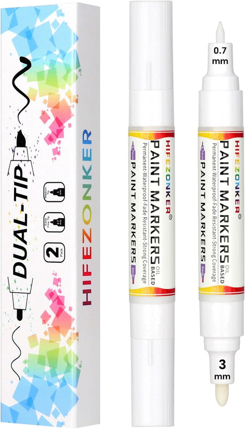 White Paint Pen White Paint Marker - 2 Pack Dual Tip Oil Based White Permanent Markers,Extra Fine Tip & Medium Fine Tip(0.7mm & 3mm),Quick Drying,...