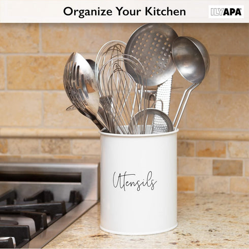 Ilyapa White Utensil Holder, Farmhouse Utensil Holder, Countertop Caddy Cooking Utensil Organizer, Galvanized Utensils Crock, White Kitchen Decor ...