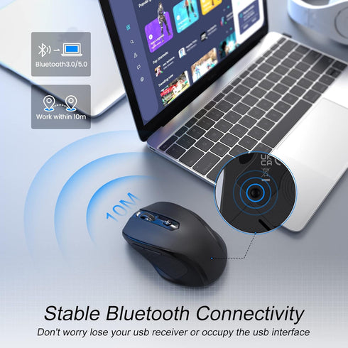 Wireless Mouse, Bluetooth Mouse, 6 Button, 5 Adjustable DPI(800-2400), 18-Months Battery Life,Wireless Ergonomic Mouse for Laptop, Computer, PC, M...