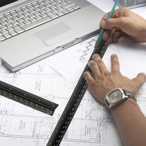 Architectural Scale Ruler for Blueprint, 12'' Metric Metal Engineers Triangle Drafting Ruler with Imperial Measurements for Architects Engineering...