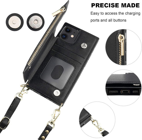 Bocasal Crossbody Wallet Case for iPhone 12/12 Pro with Card Holder,Zipper Card Slot Protector Shockproof Purse Cover with Removable Cross Body St...