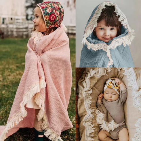 insular Cotton Muslin Baby Blanket with Tassel, Boho Bohemian Muslin Swaddle Blanket Baby Receiving Blanket with Fringe, Nursery Decor Throw or Nu...