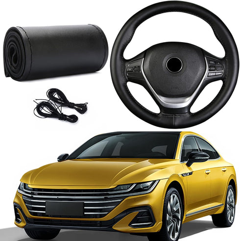 1PC Leather Steering Wheel Cover,Stitch on Wrap,DIY Sewing with Needle Thread,Anti-Slip Car Steering Wheel Protector for Max Diameter 15 Inch(Glos...