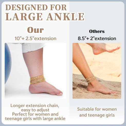 Plus Size Ankle Bracelets for Women Large Ankle, 14K Gold Filled Dainty Layered Cuban Paperclip Link Chain Anklets for Women Extra Large Anklet Go...