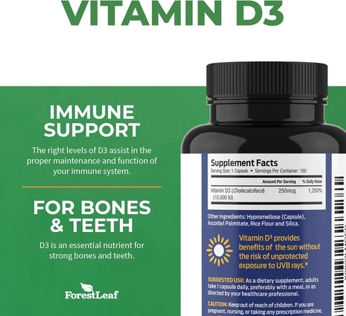 ForestLeaf Vitamin D3 10000IU - Bone Health and Immune Support - Small Easy to Swallow Capsules - Non-GMO Gluten Free VIT D - VIT D3 Vitamin D Sup...
