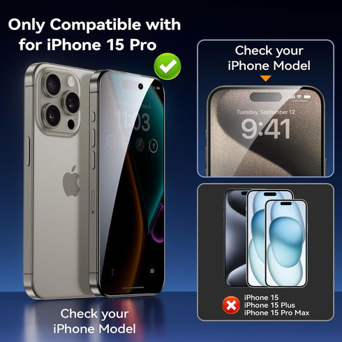 BENKS Compatible with iPhone 15 Pro Privacy Screen Protector Anti Spy Protection, 9H Premium Tempered Glass with Easy Installation Frame, Anti-Scr...