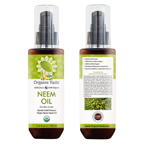 Organic Veda Neem Oil - Pure, Cold Pressed & Organic Neem Oil for Skin, Hair, Face, Body, Scalp - Natural Moisturizer, Virgin Neem seed oil - Rich...