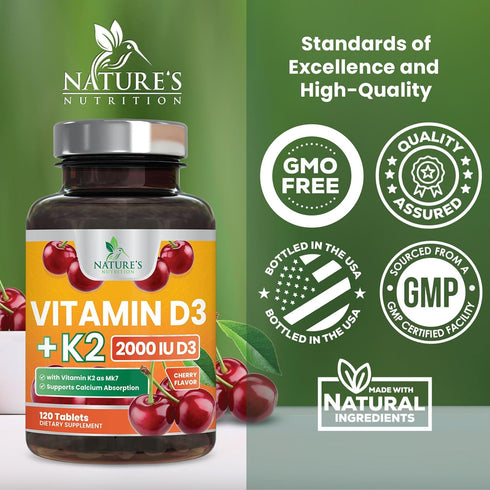 Vitamin D3 K2 as MK-7 with 2000iu of D3 & 75mcg K2, Vitamin K2 D3 Bone Strength Supplements Support Calcium Absorbtion for Teeth & Bone Health + M...