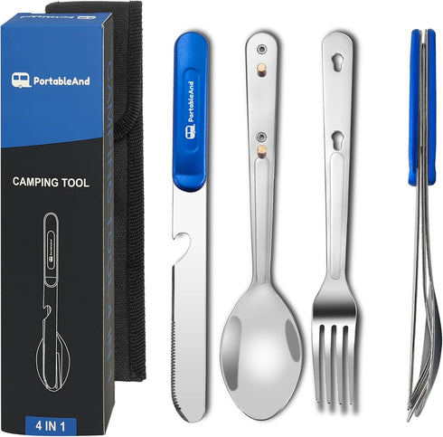 PortableAnd Travel Cutlery 3 PCS Camping Utensil Set with Spoon, Fork, Knife & Bottle Opener Best Gift for Travel, Outdoor Backpacking Flatware wi...