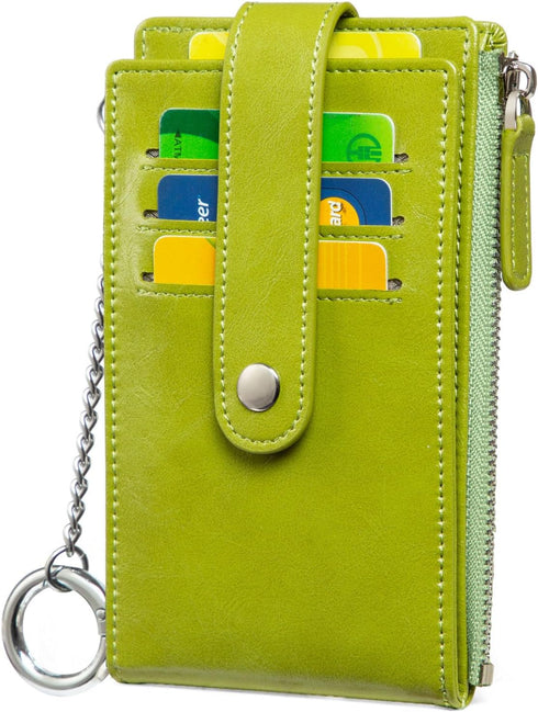 Credit Card Holder for Women RFID Small Wallet Women Slim - Multi Zipper Card Case with Keychain Oil Green...