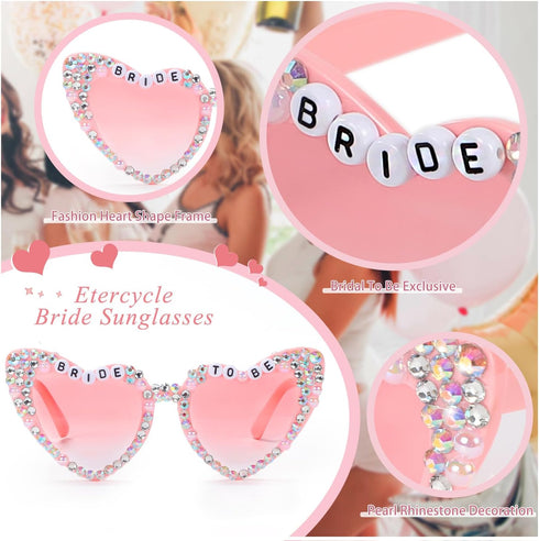 Etercycle Bride Sunglasses, Heart Sunglasses for Bachelorette Party, Fashion Rhinestone Pink Sunglasses For Bride to Be Gift...