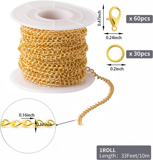 Lemonkey 33 Feet Metal Gold Necklace Chains Curb Links Chains Bulk for Jewelry Making DIY Craft Kit with Lobster Clasps Jump Rings...