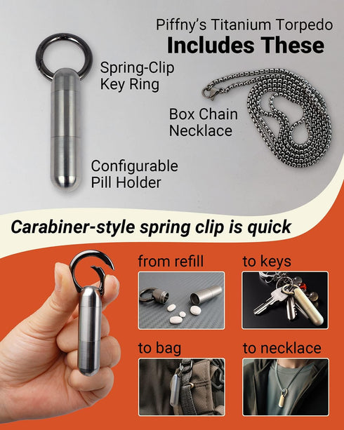 Titanium Torpedo Adjustable-Length Waterproof Keychain Pill Holder Medicine Fob for Travel and Everyday Assurance - Gunmetal - 1 Pack...