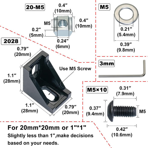 2020 Corner Bracket Kit,20pcs Corner Brackets 40pcs Hex Screws 40pcs Slide Nuts,40pcs Washers and 2pcs Hex Wrenchs for Slot 6mm 20s Aluminum Extru...