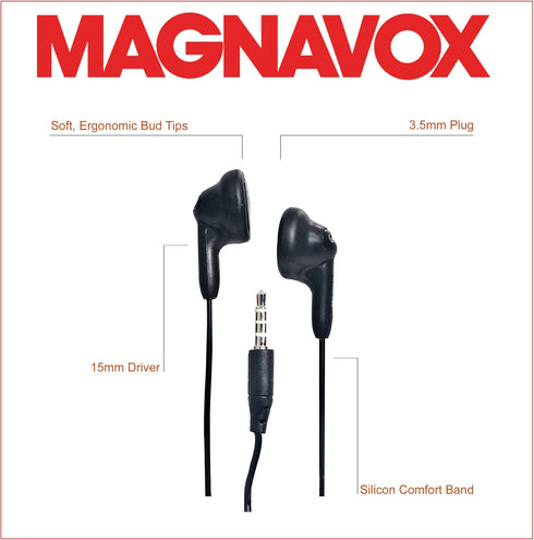 Magnavox MHP4820-BK Gummy Earbuds in Black | Available in Pink, White, Black, Blue, & Teal | Earbuds Gummy | Extra Value Comfort Stereo Earbuds | ...