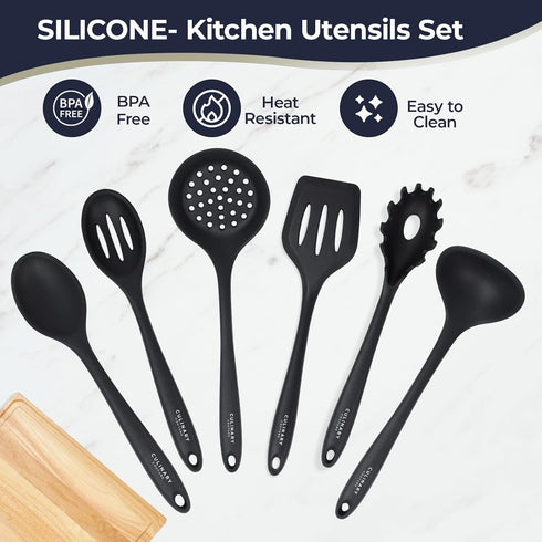 Culinary Couture Black Silicone Kitchen Utensils Set of 6, Non-Stick Heat-Resistant Silicone Kitchen Utensils Set with Steel Inner Core...