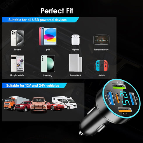 66W Car Charger Adapter 5 Port USB Car Charger PD 30W QC3.0 3.1A Car Cigarette Lighter USB Charger with LED Voltmeter Fast Car Charger Compatible ...