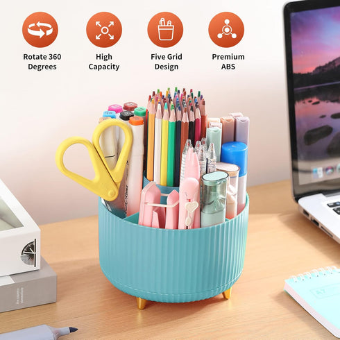 Desk Pencil Pen Holder, 5 Slots 360°Degree Rotating Pencil Pen Organizers for Desk, Desktop Storage Stationery Supplies Organizer, Cute Pencil Cup...