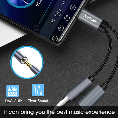 Xumee USB Type C to 3.5mm Headphone and charger adapter, 2-in-1 USB C to Aux Audio jack Hi-Res DAC and Fast Charging Dongle Cable Compatible with ...