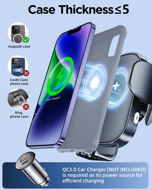 Wireless Car Charger, Lekente 15W Qi Fast Charging Car Phone Mount | Auto-Clamping Air Vent Car Cell Phone Holder for iPhone 15/14 /13/12 /11 /X/X...