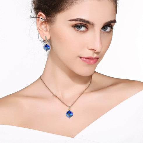 EVEVIC Colorful Cubic Austrian Crystal Pendant Necklace Earrings for Women 14K Gold Plated Hypoallergenic Jewelry Set...