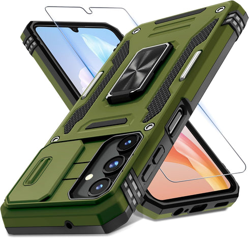 DEERLAMN for Samsung Galaxy A15 5G Case with Slide Camera Cover+Screen Protector (1 Pack), Rotated Ring Kickstand Military Grade Shockproof Protec...
