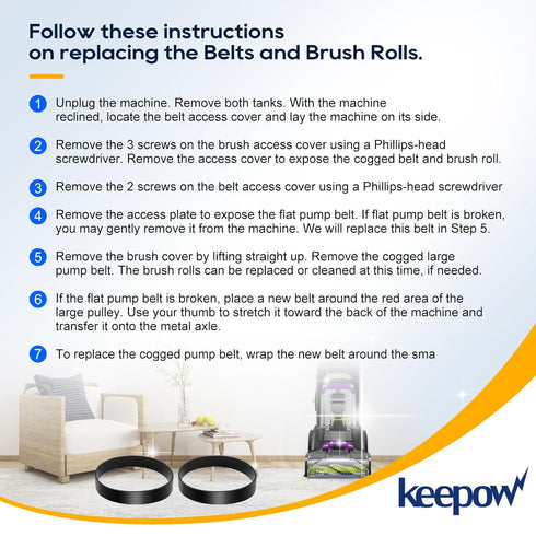 KEEPOW Replacement Belts for Bissell Vacuum 3071 PowerForce PowerBrush Pet XL Carpet Cleaner and Bissell 3067 TurboClean DualPro Pet Carpet Cleane...