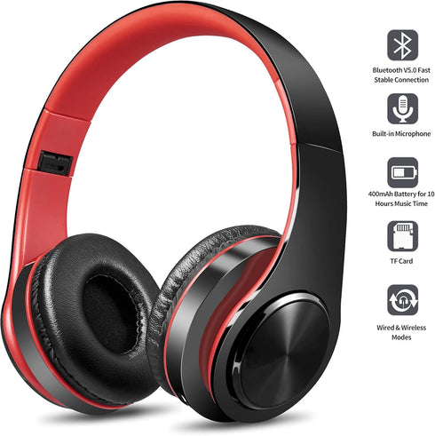 Bluetooth Over Ear Headphones, Foldable LED Stereo Headphones with Built-in Microphone, Noise-Cancelling Wireless Headset for PC/Smart Phone/TV (B...