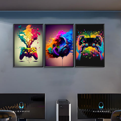 MUWAK Gaming Room Decor Wall Art Set of 3 - Video Gaming Controller Gamer Wall Decor, Gaming Canvas Poster Room Decor for Boys Room Kids Game Room...