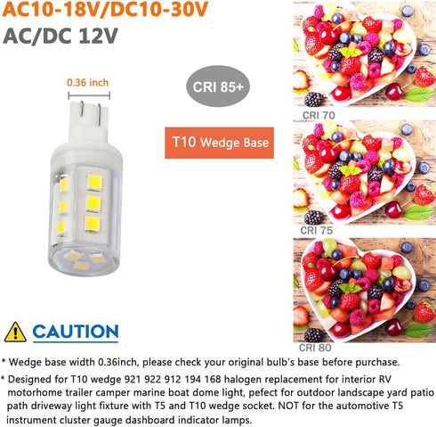 3W T10 Wedge Base RV 921 LED Light Bulb 12VAC/DC Landscape Garden Patio Path Driveway Malibu, RV Camper Trailer Motorhome Marine Boat Dome Fixture...