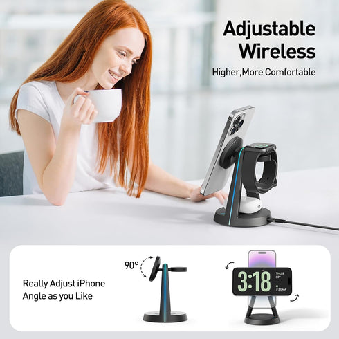 2024 Version RGB 3 in 1 Wireless Charging Station for iPhone Apple Watch AirPods Multiple Devices, Magnetic Wireless Charger Dock, Travel Charger ...