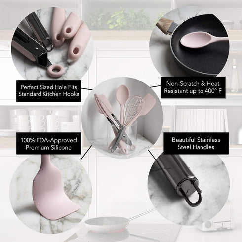 Country Kitchen Set of Five Pink and Gunmetal Silicone MINI Kitchen Utensil Set...