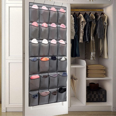 Over The Door Hanging Shoe Organizer Shoe Rack Hanger 24 Large Fabric Pockets Holder with 4 Sturdy Hooks (GREY)...