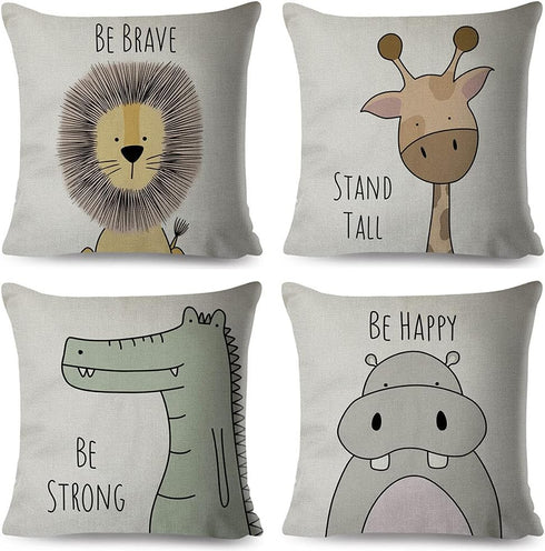 Cartoon Animal Pillow Covers Kids Pillowcase 18×18 Inch Set of 4 Throw Pillow Covers Set Cotton Throw Cushion Case for Sofa Couch Home Decor Schoo...