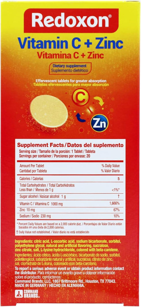 Redoxon Vitamin C + Zinc, Effervescent Tablets of Vitamin C and Zinc, Helps Support Your Immune System, Orange Flavor, 20 Effervescent Tablets, 2....
