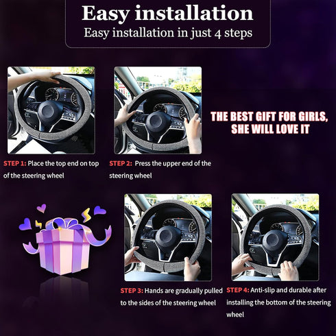 Bling Car Steering Wheel Cover, Crystal Glitter Rhinestone Wheel Protector for Vehicle, Universal Automotive Interior Decorative Accessories with ...