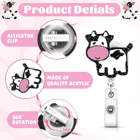 3 Pieces Cow Badge Reel Retractable Badge Reels Cute Name Badge Holder with Swivel Clip Funny Nurse Badge Reel for Office School Worker Doctor Nur...