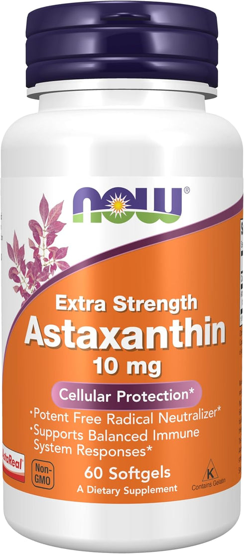 NOW Supplements, Astaxanthin 10mg, Extra Strength,derived from Non-GMO Haematococcus Pluvialis Microalgae and has naturally occurring Lutein, Cant...