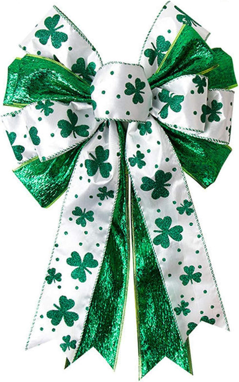 St. Patrick's Day Wreath Bow, Large Glitter Green Clovers Shamrock Gift Bow St Patricks Day Irish Holiday Shamrock Bow Ornaments for St. Patrick's...