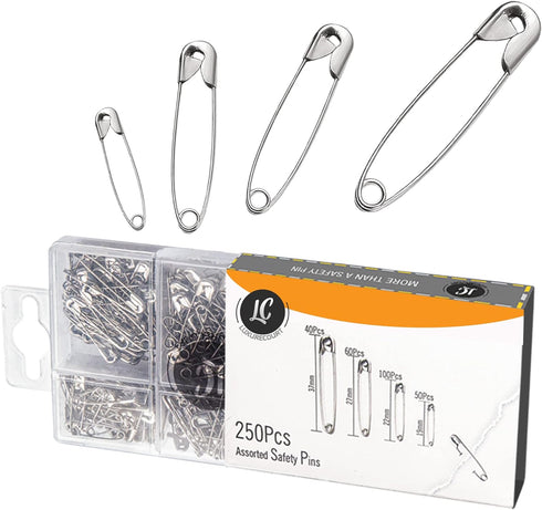 250 Pack Safety Pins by Luxurecourt, 4 Assorted Sizes of Durable, Silver Small and Large Safety Pins Bulk, Rust-Resistant Nickel Plated Steel, Sha...