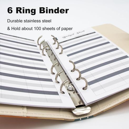 A6 Refillable 6 Ring Faux Leather Budget Binder,Mini Notebook Binder Cover for A6 Filler Paper,Loose Leaf Personal Planner Binder Cover with Magne...