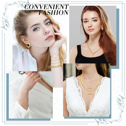 Henoyso 16 Pcs Gold Jewelry Sets for Women 4 Gold Necklace 4 Gold Bracelets 4 Gold Earring 4 Knuckle Rings Hoop Stud Earrings for Women Girls Vale...