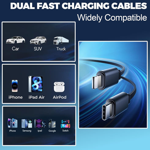 Retractable USB C Car Charger 4-in-1, 120W with 2.6ft Type C Cable, QC 3.0 & PD 3.0 Super Fast Charging for iPhone 12/13/14/15, Samsung Galaxy, iP...