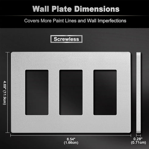 BESTTEN 5 Pack 3-Gang Signature Collection Silver Screwless Wall Plate, Decorator Outlet Cover, USWP8 Series, H4.69” x W6.54”, for Light Switch, D...