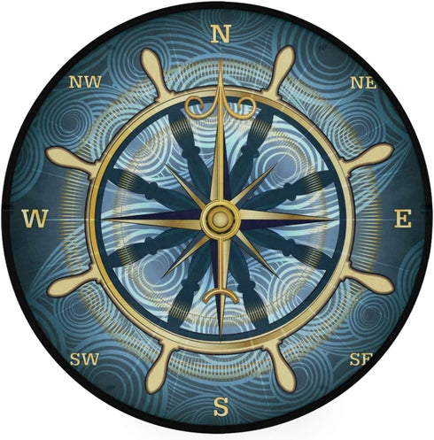 Blue Compass Rose Non-Slip Doormat Gold Nautical Theme Non-Slip Floor Mat Round Area Rug Carpet for Bedroom Living Room Study Playing Carpet, 2 ft...